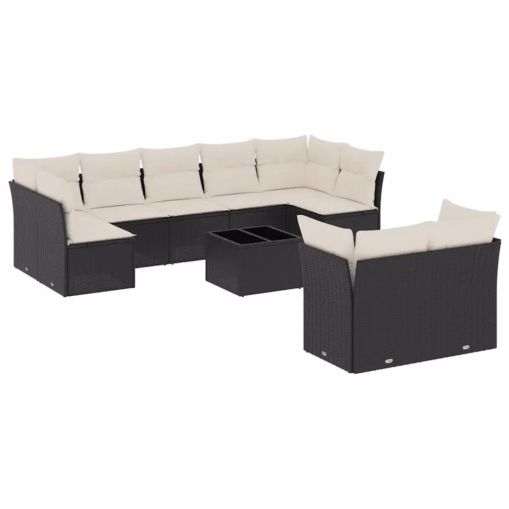 vidaXL Set Divani da Giardino 10 Pezzi in Polyrattan Nero con Cuscini e Tavolino da Esterno – 2