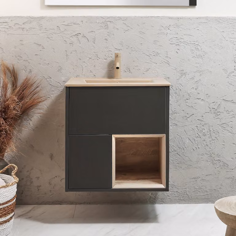 Mobile Bagno Sospeso Grigio Nero 612mm Con Lavabo Beige (Sand) - Hoxton