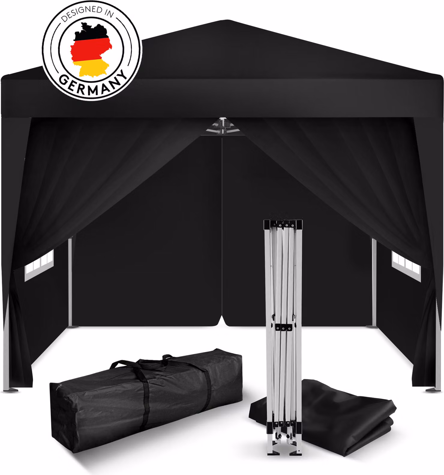 Gazebo pieghevole Kronenburg 2x2m - impermeabile, protezione UV 50+, 4 pannelli laterali, nero