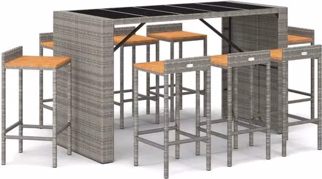 Set Bar Giardino 9pz Grigio Polyrattan e Legno Massello Acacia 3187689