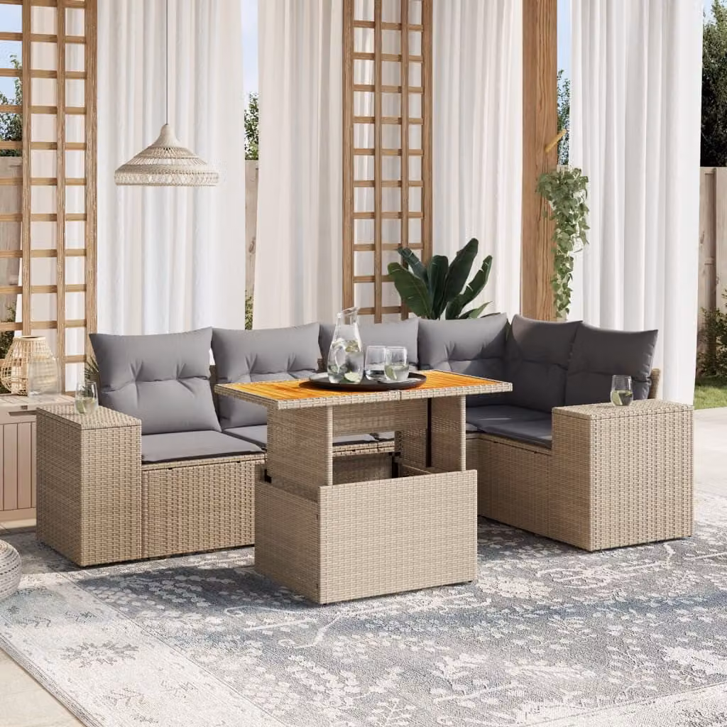 vidaXL Set Divano da Giardino a L 6 pz con Cuscini Beige e Tavolino da Esterno in Polyrattan e Acciaio – 1