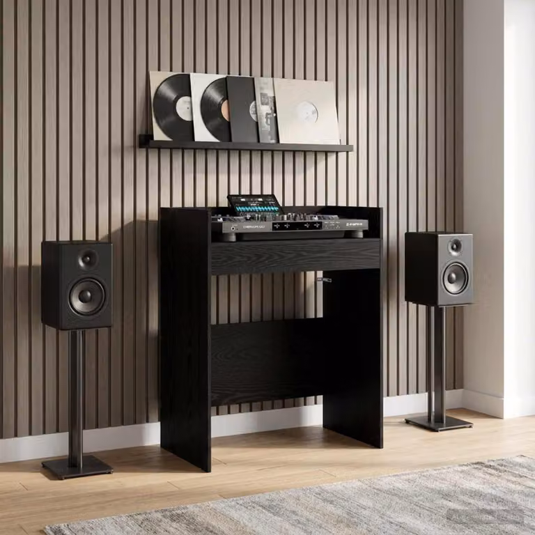 vidaXL Tavolo DJ Moderno in Legno MDF Rovere Nero L: 62 cm, P: 45 cm, H: 102 cm