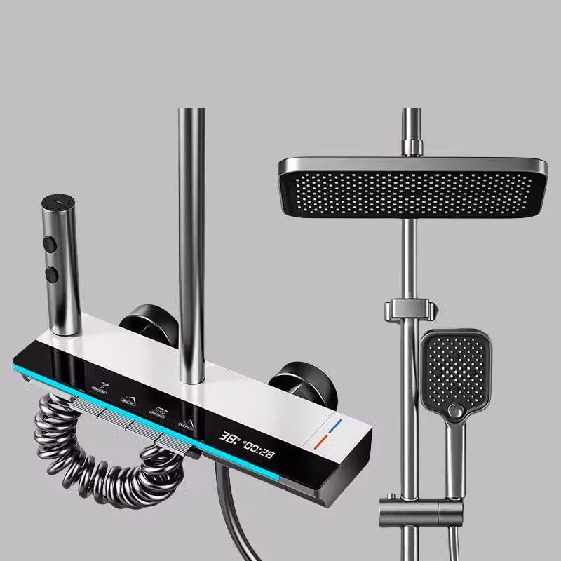 Set doccia con indicatore di temperatura - Sistema doccia da parete - Miscelatore a 4 vie - Altezza regolabile - Soffione quadrato - Acciaio inossidabile - Bianco
