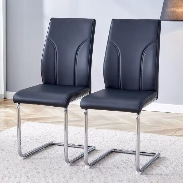 Set di 2 sedie da pranzo MINIMAL in similpelle nero con gambe in metallo argento