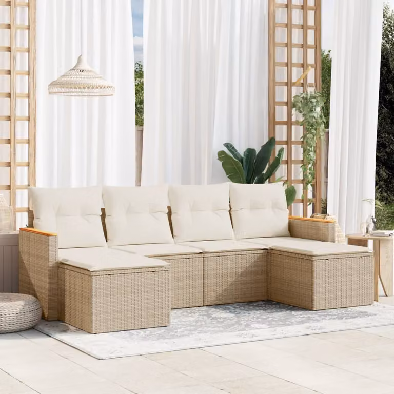 vidaXL Set Divano da Giardino a L 6 pz con Cuscini Beige e Struttura in Metallo e Polyrattan