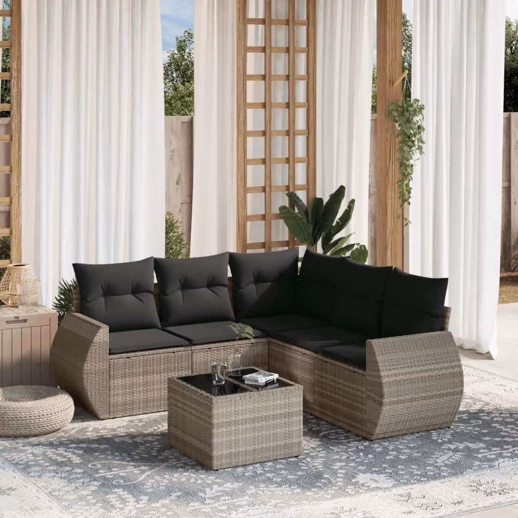 vidaXL Set Divano da Giardino a L in Polyrattan Grigio con 6 Cuscini Imbottiti e Tavolino in Vetro – 1