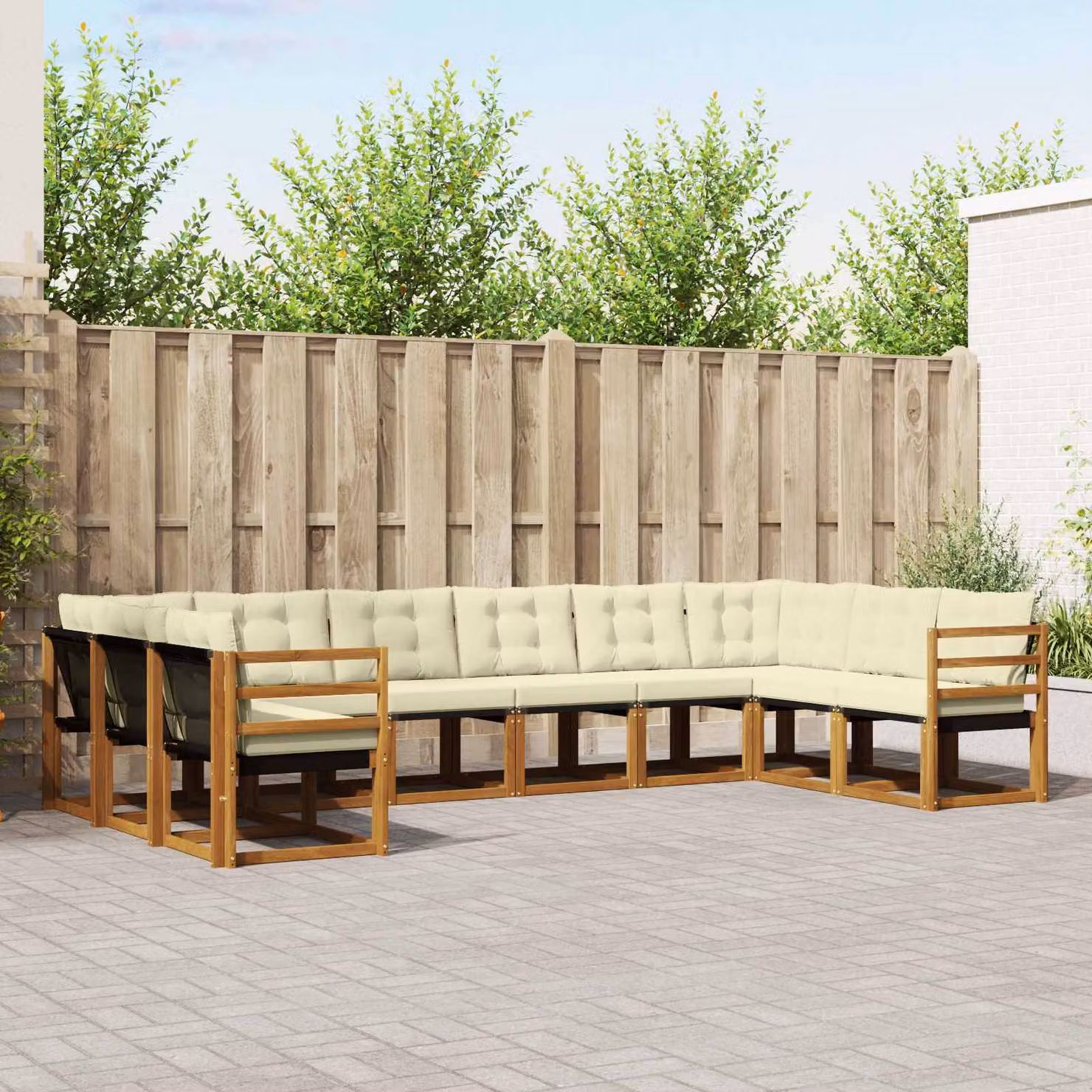 Set di divani da esterno vidaXL a forma di U in legno di acacia e textilene, colore beige e bianco, composto da 10 pezzi con cuscini inclusi