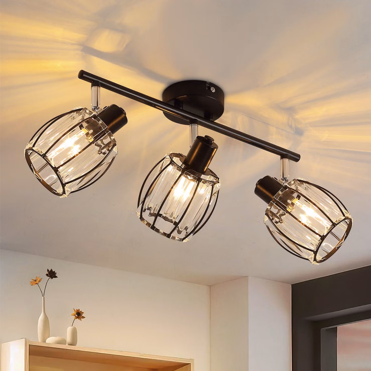 ZMH faretto da soffitto a 3 fiamme lampada da soffitto vintage paralume in cristallo E14 nero retrò faretto da soffitto 350° orientabile per cucina soggiorno (senza lampadina)