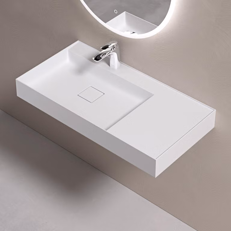 doporro Lavabo Bagno Sospeso 90 cm Rettangolare in Resina Bianco Opaco con Vasca Integrata a Sinistra e Piletta Inclusa Colossum630
