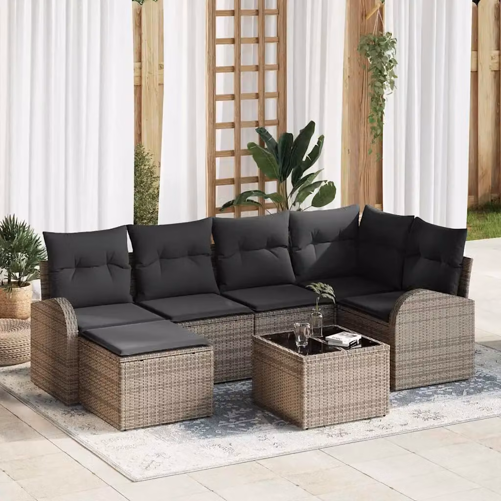Set di divani da giardino vidaXL 7 pezzi in rattan grigio con cuscini e tavolino da caffè