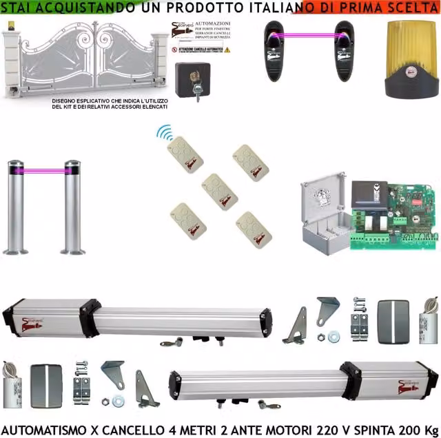 Apricancello 4 Metri 2 Ante da 2 MT Kit Motori Elettromeccanici 230 V Sblocco Corsa 300 mm Spinta 2 Q.tali Staffe 2 Coppie Fotocellule 2 Paline 5 Radiocomandi Selettore 2 Chiavi Faro Cartello Monitore