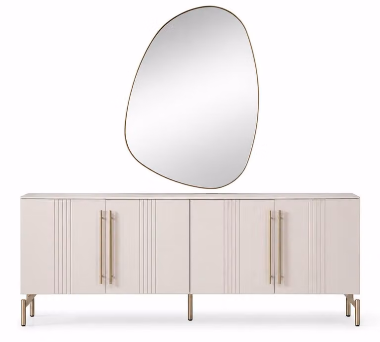 Set per sala da pranzo, mobile contenitore, specchio, design moderno, beige, elegante, funzionale, senza tempo