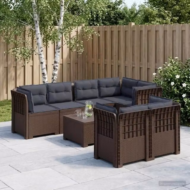 Set da giardino vidaXL a forma di U con 7 posti, in polyrattan con cuscini inclusi, resistente ai raggi UV, colore marrone e grigio
