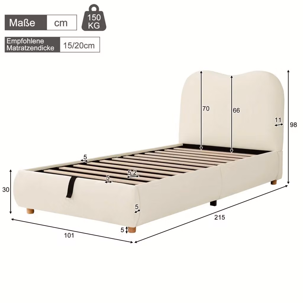 Letto imbottito per bambini WISHDOR con contenitore e rete a doghe, rivestimento in velluto beige, L/P/H: 200 x 90 x 101 cm – 2