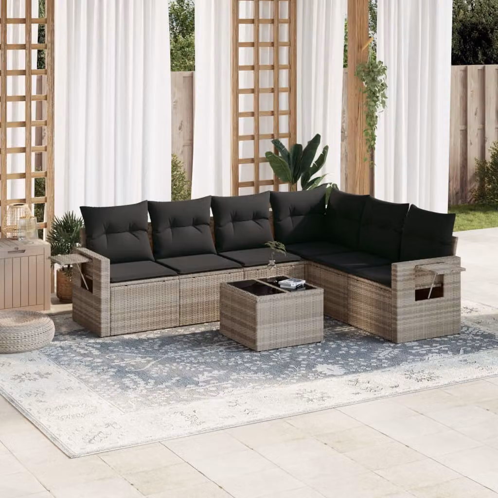 Set di divani da giardino vidaXL a forma di L composto da 7 pezzi con cuscini grigi in polyrattan e struttura in metallo – 1