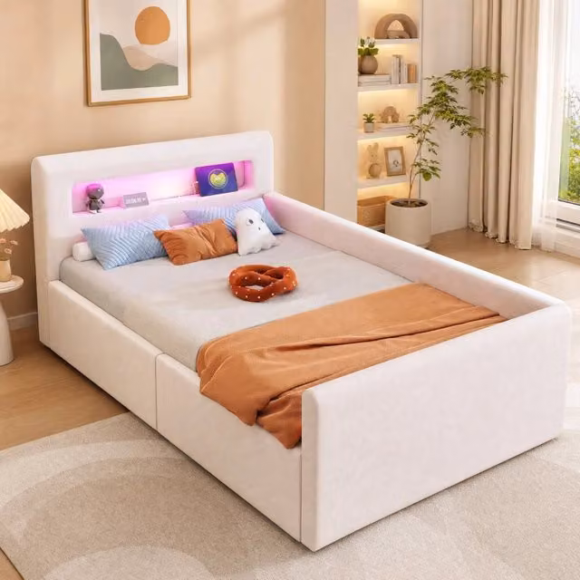 Letto singolo con contenitore Mivray in velluto beige con illuminazione LED, porta USB e luce notturna, L/P/H: 90 x 200 x 36 cm