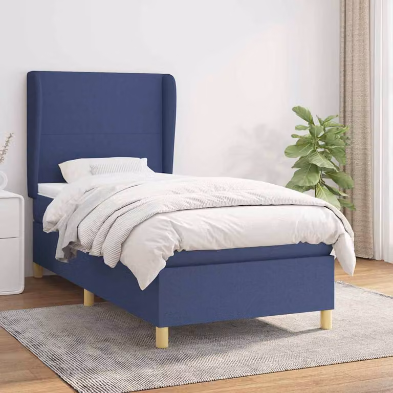 vidaXL Giroletto a Molle con Materasso Ibrido in Tessuto Blu e Bianco L/P/H: 203 x 103 x 128 cm