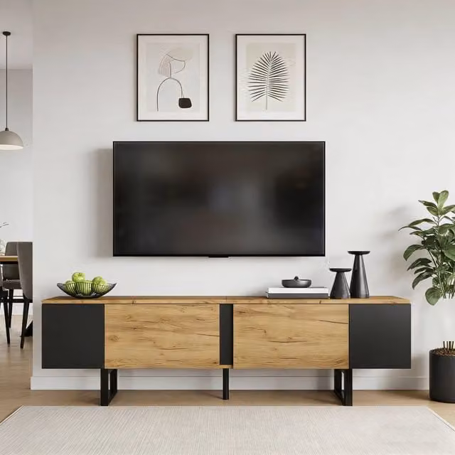 Mobile TV 180x40x55 cm con 2 ante e ripiani aperti laterali, per TV fino a 75 pollici