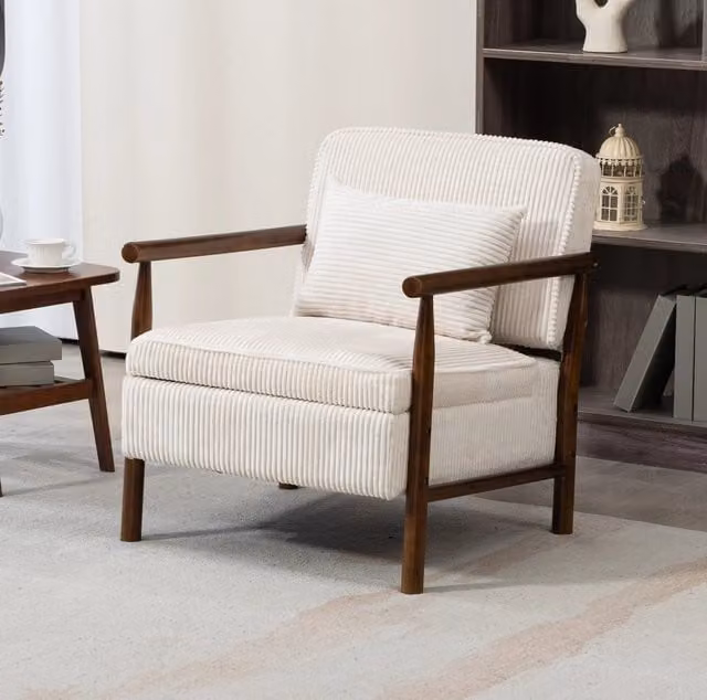 Poltrona relax ULEVR in velluto bianco con vano contenitore, cuscino lombare e struttura in legno