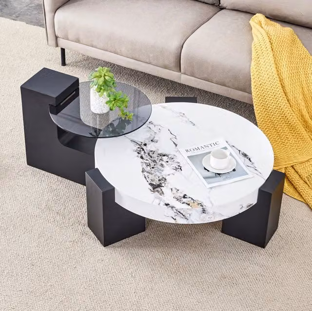 Tavolino moderno rotondo con piano effetto marmo e gambe a L in MDF nero, set da due dimensioni