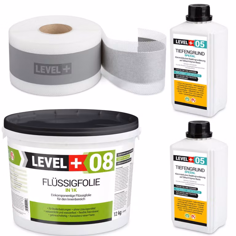 Kit di impermeabilizzazione Pellicola liquida 12kg Nastro sigillante 10mb Primer 2L - LEVEL+ SET17