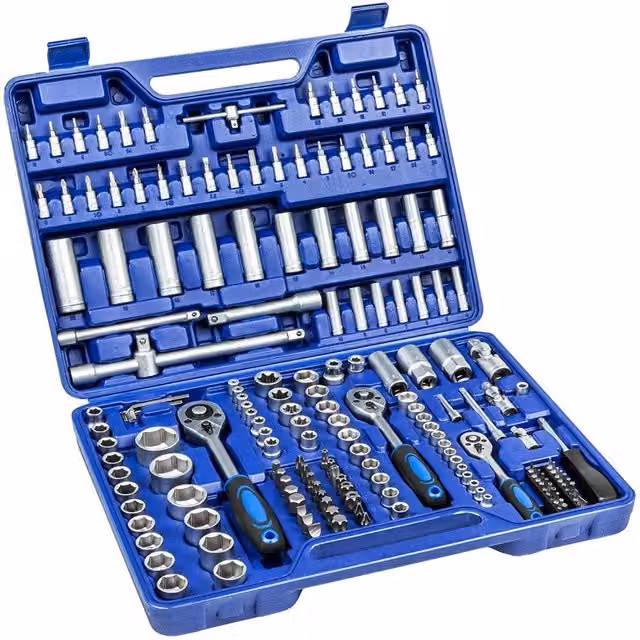Kit di inserti e bussole boccole con impronta Torx ed esagonale Trade Shop, 171 pezzi in acciaio al cromo vanadio con 3 cricchetti, colore blu – 1