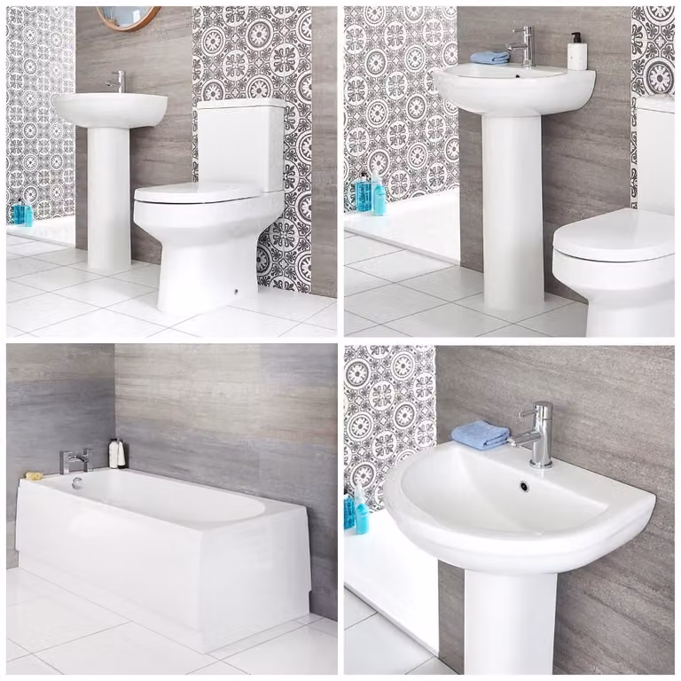 Set Bagno Moderno con Vasca, Lavabo su Colonna e Sanitario WC Monoblocco - Covelly