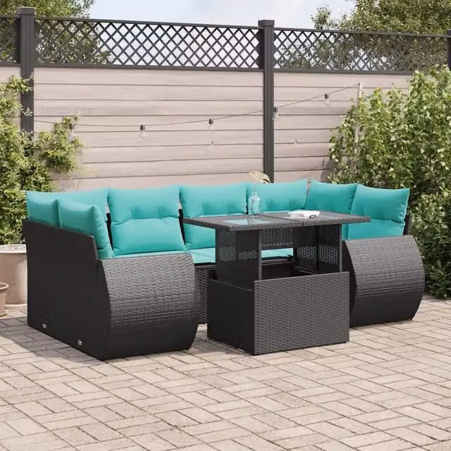 Set Divani da Giardino con Cuscini 7pz Nero Polyrattan Acacia 3326588