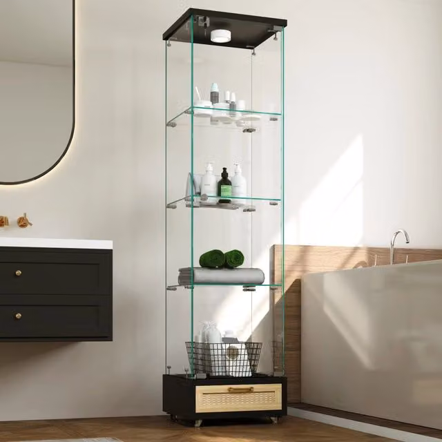 Libreria Vetrina con Cassetti e LED ¨C MINIMAL ¨C Nero, Vetro Temperato, 1 Anta, 167x42.5x36.5 cm
