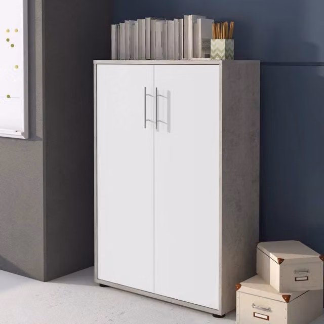 Armadio Multiuso Parabita con 2 Ante e Cassetti, Grigio Cemento, L: 79 cm, H: 118 cm, P: 34 cm