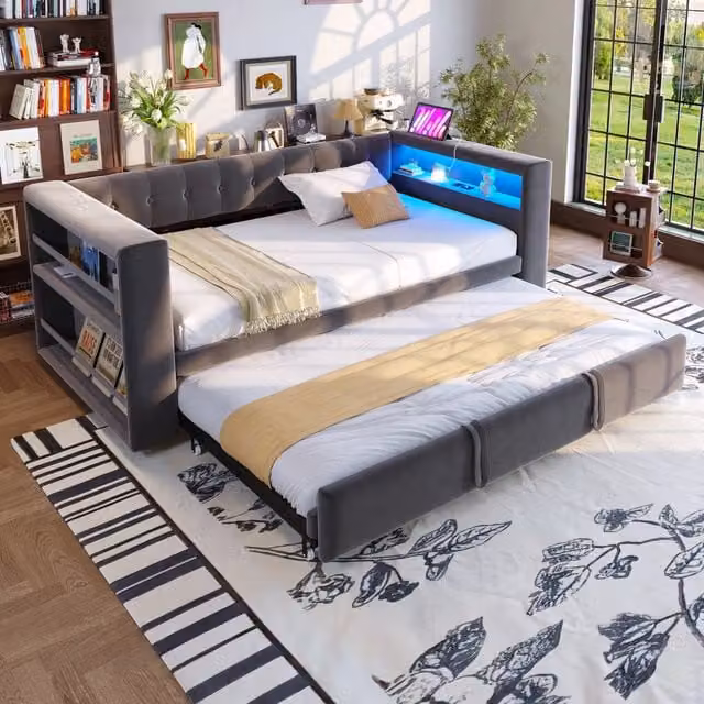 Divano Letto Multifunzione REDOM in Flanella Grigio Scuro con Illuminazione LED e Prese USB L/P/H: 190 x 90/180 x 190 cm