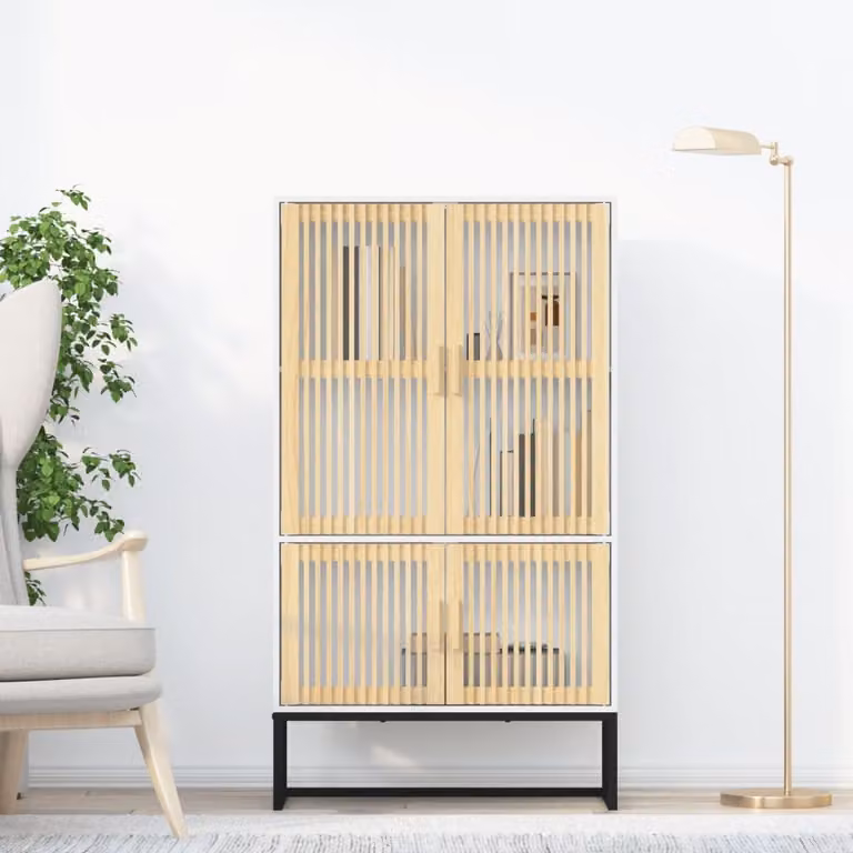 Credenza a parete vidaXL in stile scandinavo bianca con ante in vetro e ripiani interni, L: 70 cm, P: 35 cm, H: 125 cm