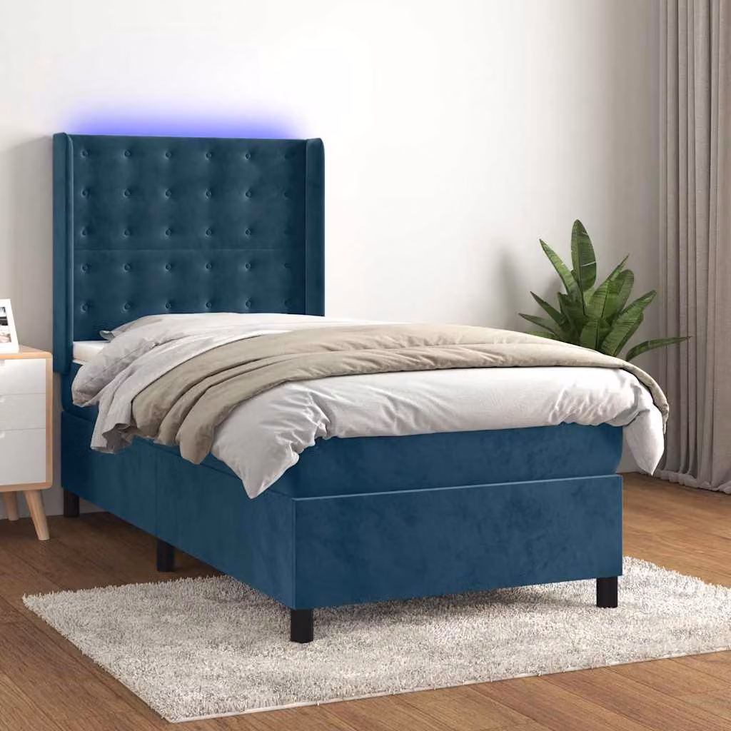 Letto Ibrido con Materasso a Molle Insacchettate vidaXL in Velluto Blu con Illuminazione LED e Porte USB, L/P: 90 x 200 cm