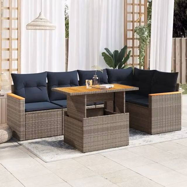 Set Divano da Giardino a L con Cuscini vidaXL, 6 Pezzi in Polyrattan Grigio e Blu con Tavolino e Struttura in Acciaio