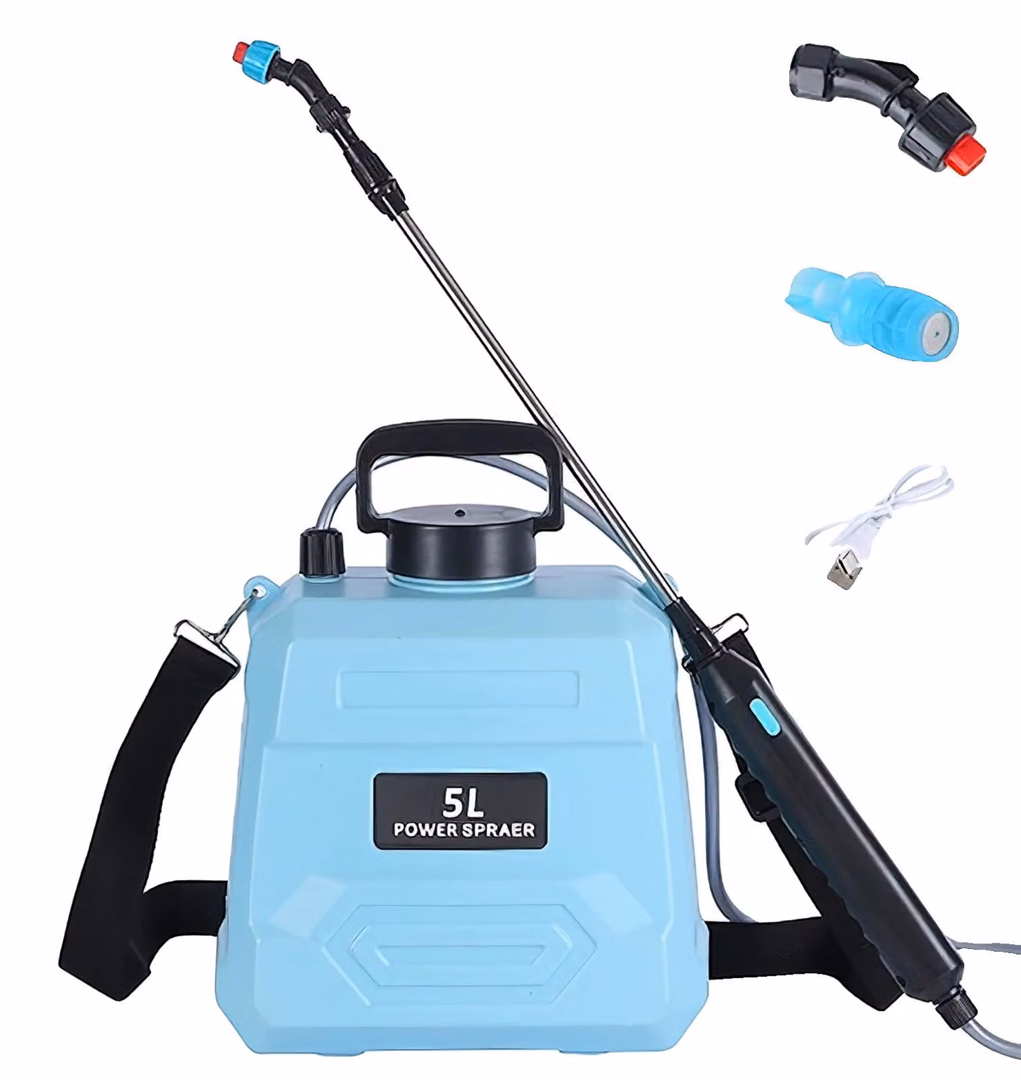 Spruzzatore da giardino, alimentato a batteria, design leggero da indossare come zaino, capacità 5 litri, colore azzurro chiaro