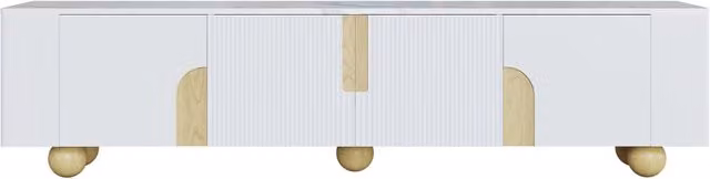 Mobile TV bianco da 180 cm con 4 ante, design elegante e superficie effetto marmo, gambe in legno massello tonde