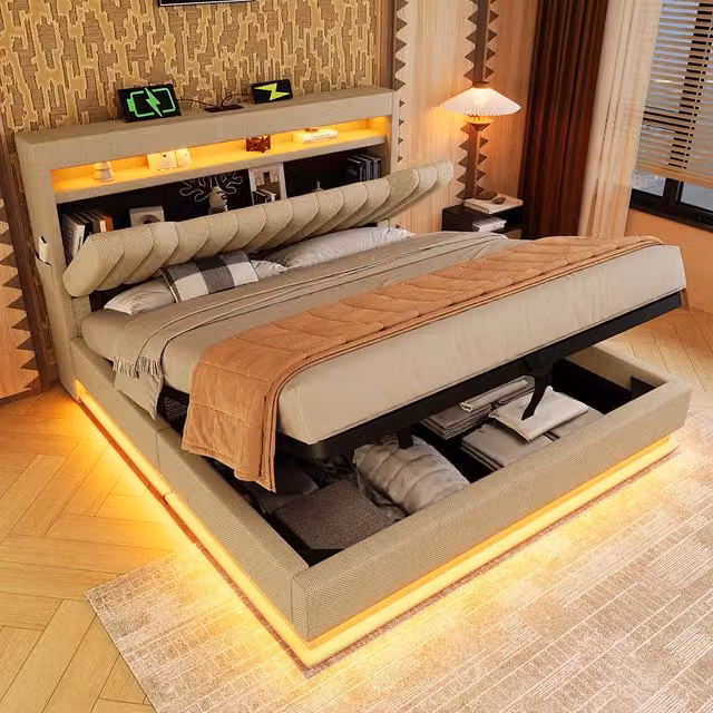 Letto matrimoniale-Xylo-160x200 cm-LED, USB-C, testiera, idraulico, lino, beige