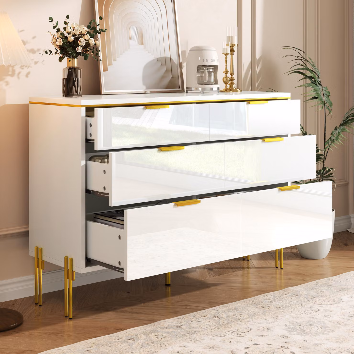 Credenza STILVORA con 6 cassetti in bianco e oro, comò con ampio spazio contenitivo per soggiorno, sala da pranzo e ingresso, finiture lucide dei cassetti