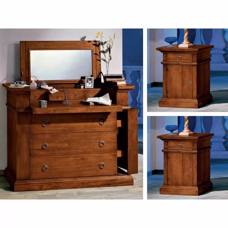 Set da camera da letto Mobili 2G composto da una cassettiera e due comodini in legno massiccio stile arte povera color noce – 2