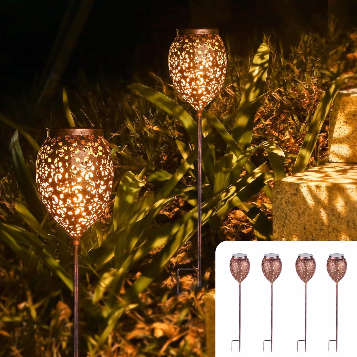 4 lampade solari per esterni, grado di protezione IP65, colore rame, forma ovale, 15 lumen, luce bianco caldo