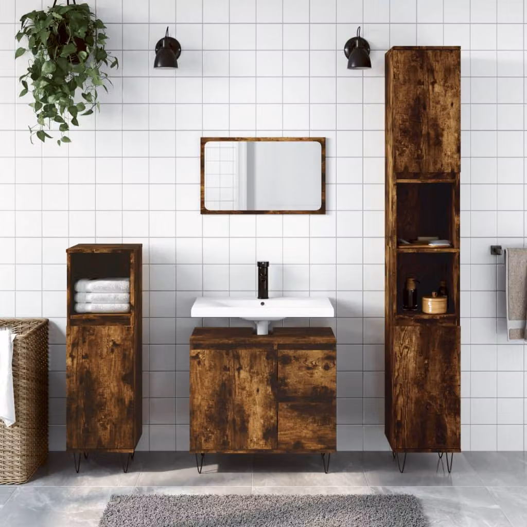 Set di mobili da bagno moderno vidaXL in legno e metallo color rovere fumo, composto da 3 pezzi: mobile lavabo, mobile alto e mobile laterale