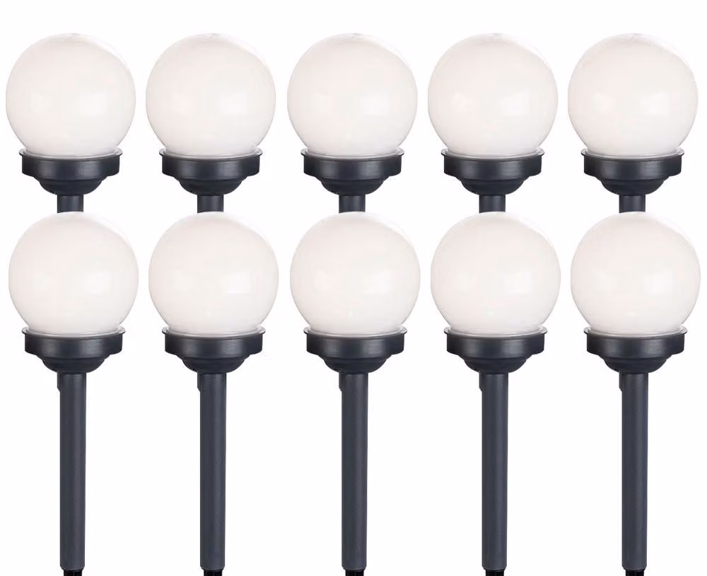 set di 10 globi solari a LED bianchi, picchetto a terra, DxH 10x38 cm