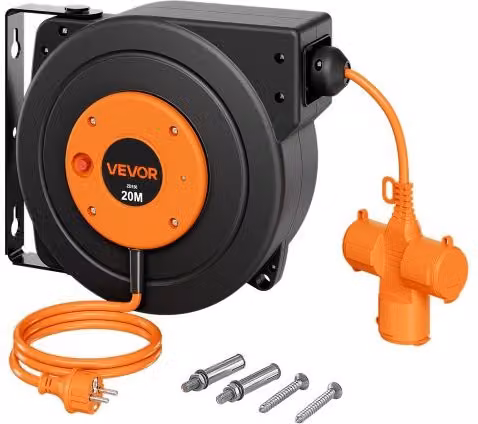 Avvolgicavo Elettrico VEVOR Arancione con Cavo Retrattile da 20m, Bobina da Parete Girevole Autoavvolgente con Staffa Orientabile 180 e Connettore a 3 Spine, Sezione Cavo 1,5 mm²