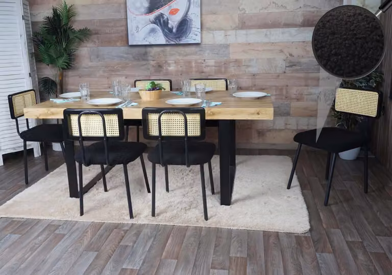 Set da 6 sedie da pranzo MCW-K88, sedie con schienale, in legno, polyrattan, metallo e bouclé ~ tessuto/tessuto nero