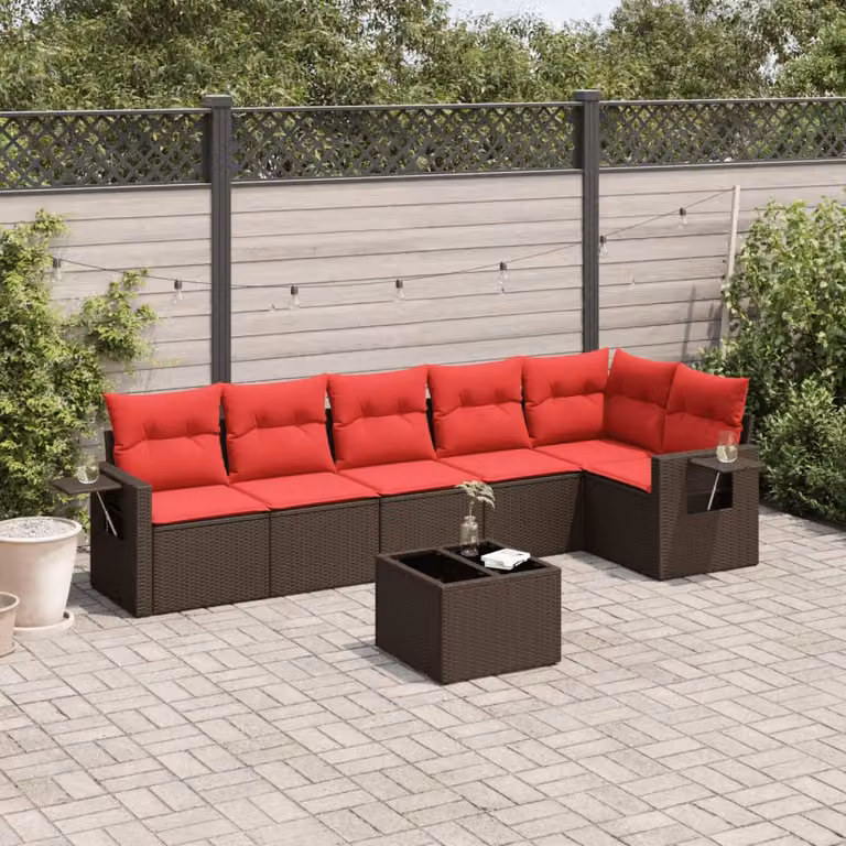 Set Divani da Giardino vidaXL 7 Pezzi a Forma di L con Tavolino e Cuscini, Colore Marrone e Rosso, Design Moderno in Polyrattan e Metallo