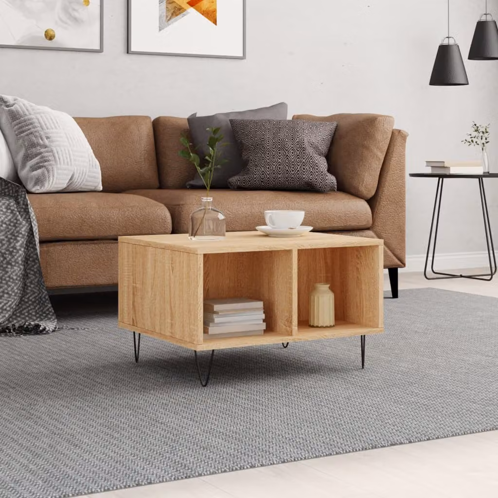Tavolino da salotto moderno vidaXL in legno e metallo, colore rovere, L 60 cm x P 50 cm x H 36,5 cm