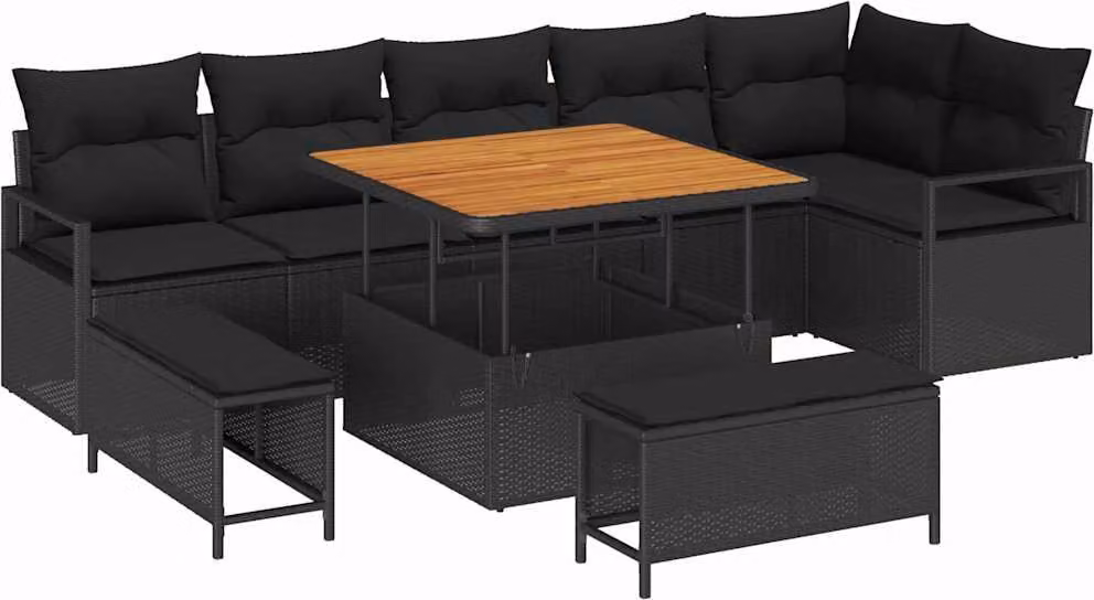 Set Divano da Giardino con cuscino 9 pcs Nero Poly Rattan