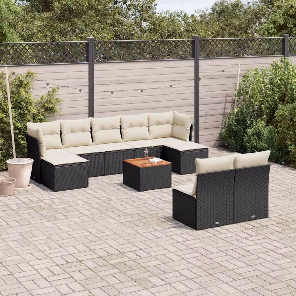 vidaXL Set Divani da Giardino a L 10pz in Polyrattan Nero con Cuscini e Tavolino da Esterno – 1