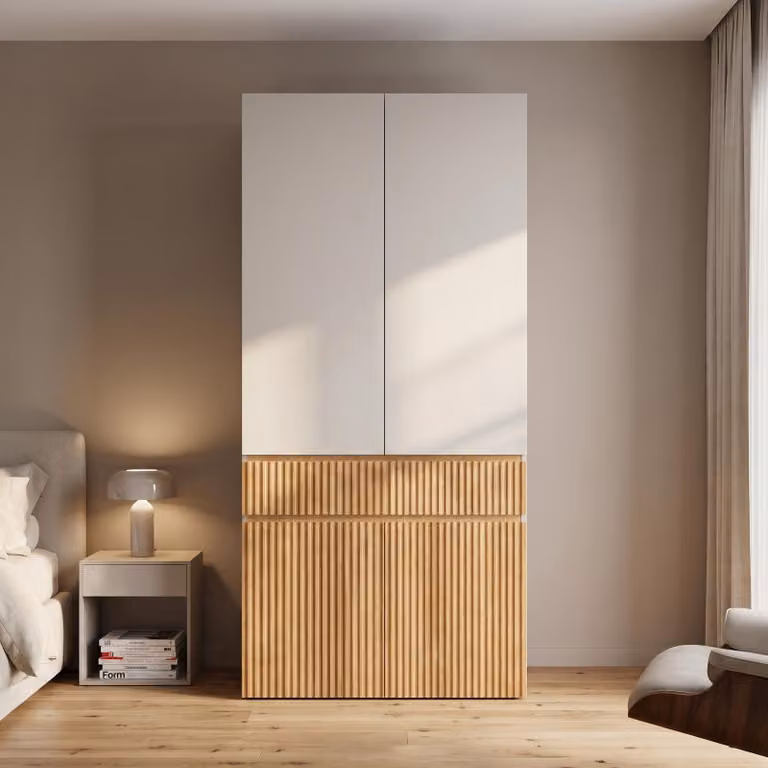 Armadio con cassetto e ante, appendiabiti con barra, mobile alto contenitore, dimensioni 90 x 50 x 202 cm, finitura rovere chiaro e grigio, materiali: pannelli di particelle e MDF