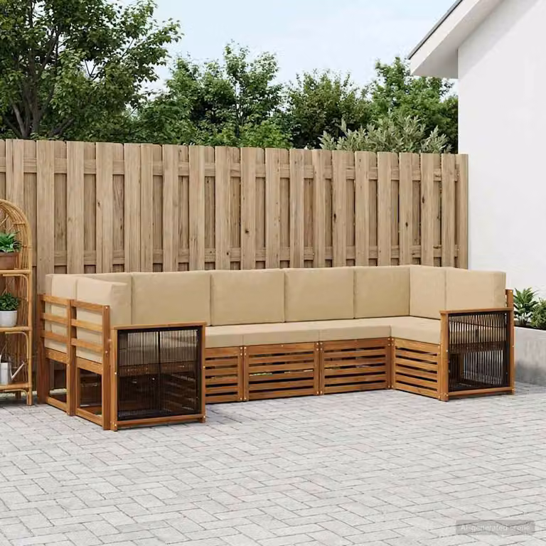 Set di divani da esterno vidaXL a forma di L in legno di acacia con cuscini beige e marrone per giardino e terrazza